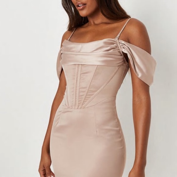 Champagne satin corset styled midi dress. - Picture 4 of 6
